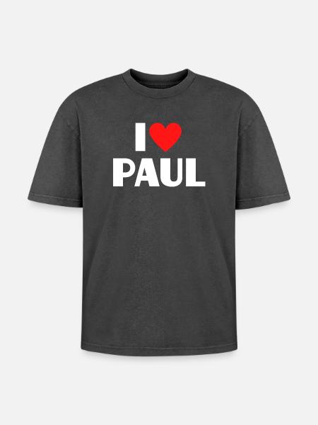 Jeg elsker Paul Red Heart Romantic Name Fan - Unisex oversized Premium T-shirt med acid-washed effekt - sort syrevasket
