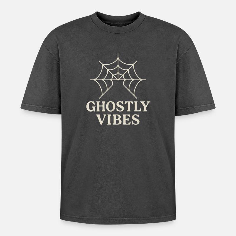 Spinnennetz Design mit Ghostly Vibes - Oversized Unisex Premium Acid-Washed T-Shirt - Schwarz Acid Wash