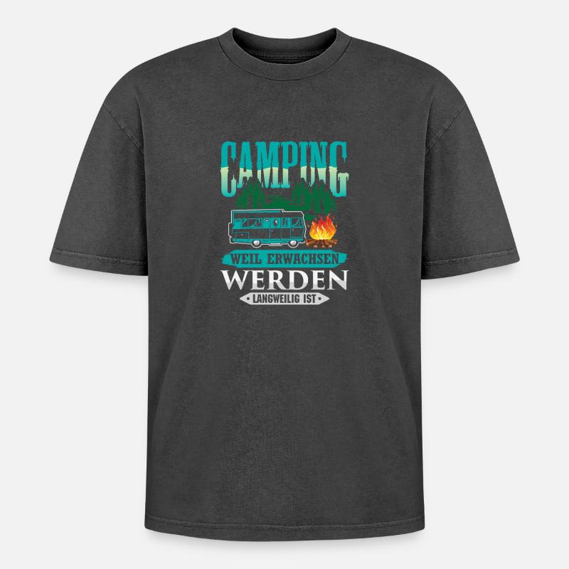 Camper Camping Wohnwagen Spruch - Oversized Unisex Premium Acid-Washed T-Shirt - Schwarz Acid Wash