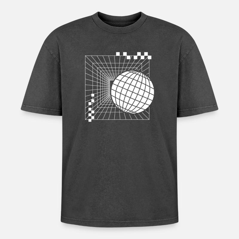 Futuristic Geometric Sphere Design - Oversized Unisex Premium Acid-Washed T-Shirt - acid washed black