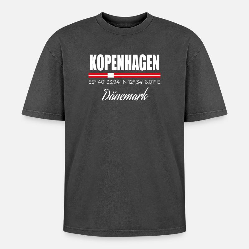 Kopenhagen - Oversized Unisex Premium Acid-Washed T-Shirt - Schwarz Acid Wash
