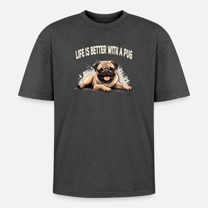 Life is better with a pug - Oversized Unisex Premium Acid-Washed T-Shirt - Schwarz Acid Wash