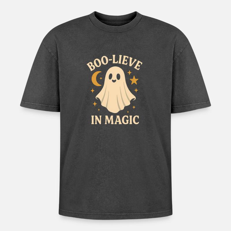Ghost design with magic theme - Oversized Unisex Premium Acid-Washed T-Shirt - acid washed black