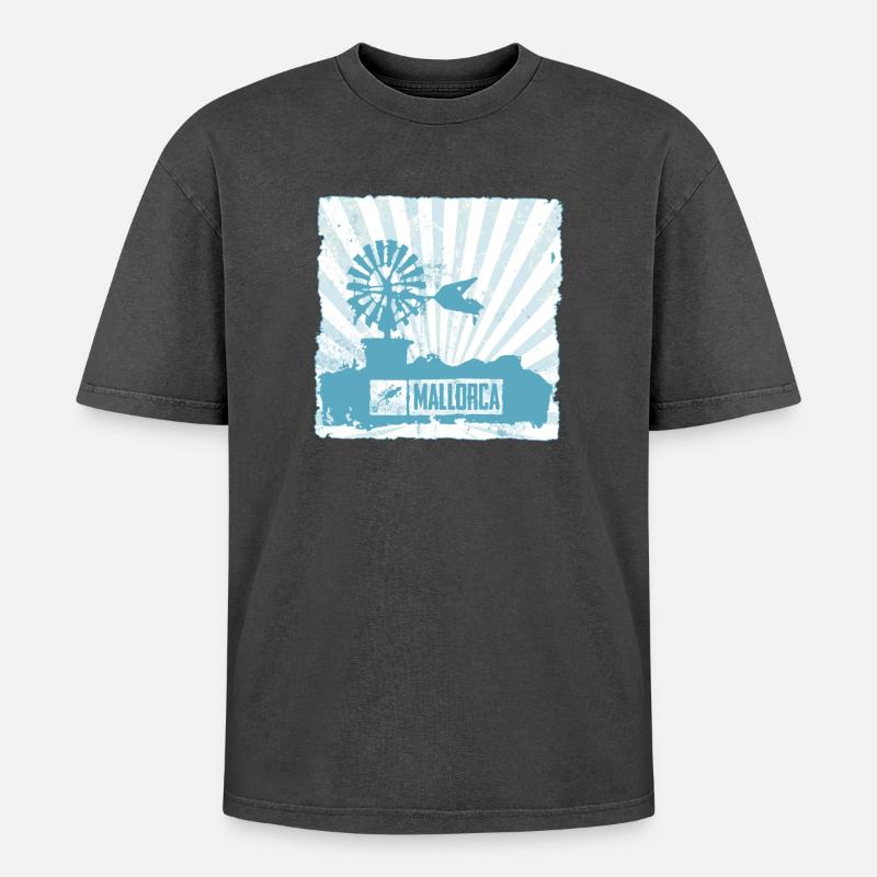 Mallorca Windmill and Design - Oversized Unisex Premium Acid-Washed T-Shirt - acid washed black
