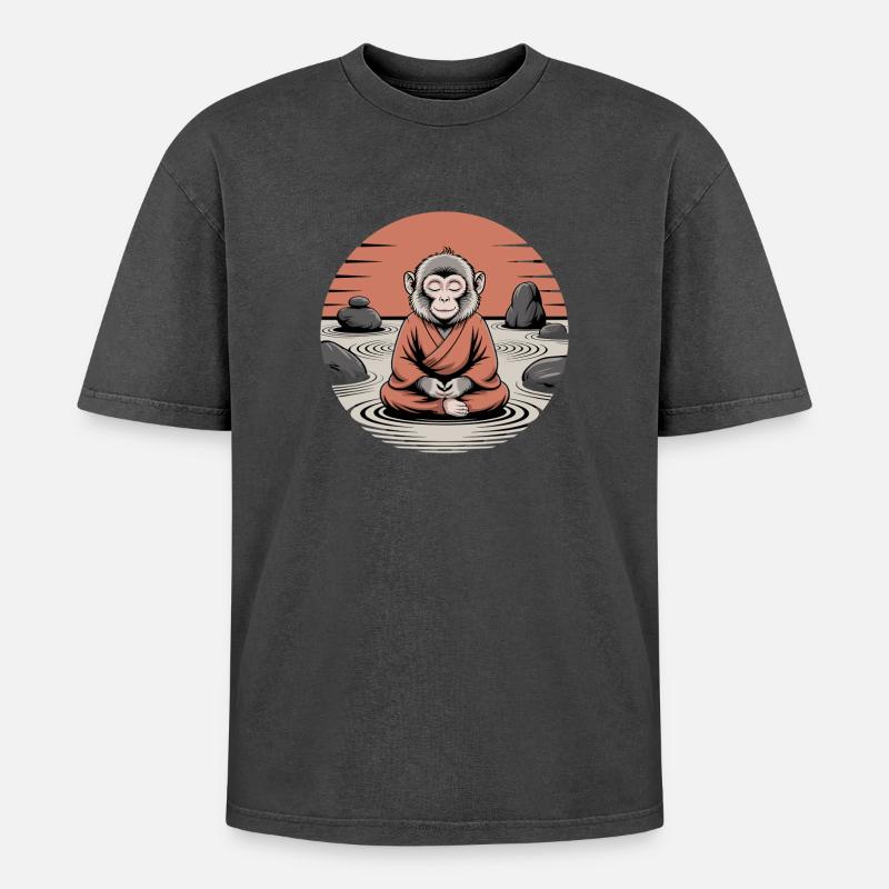  Meditierender Affe Zen Mönch Im Steingarten - Oversized Unisex Premium Acid-Washed T-Shirt - Schwarz Acid Wash