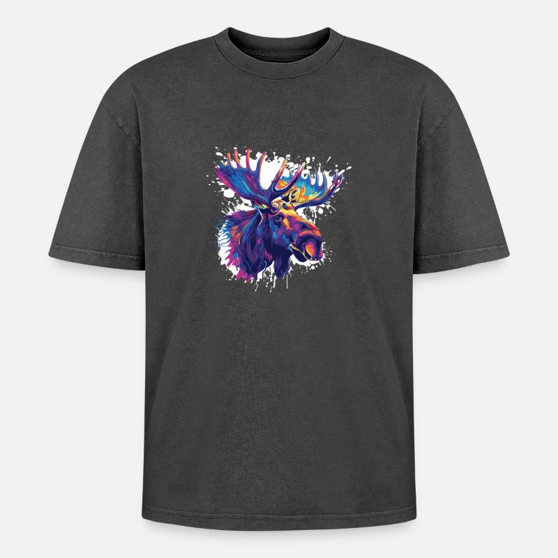 Bunter Elch Kopf Farbexplosion - Oversized Unisex Premium Acid-Washed T-Shirt - Schwarz Acid Wash