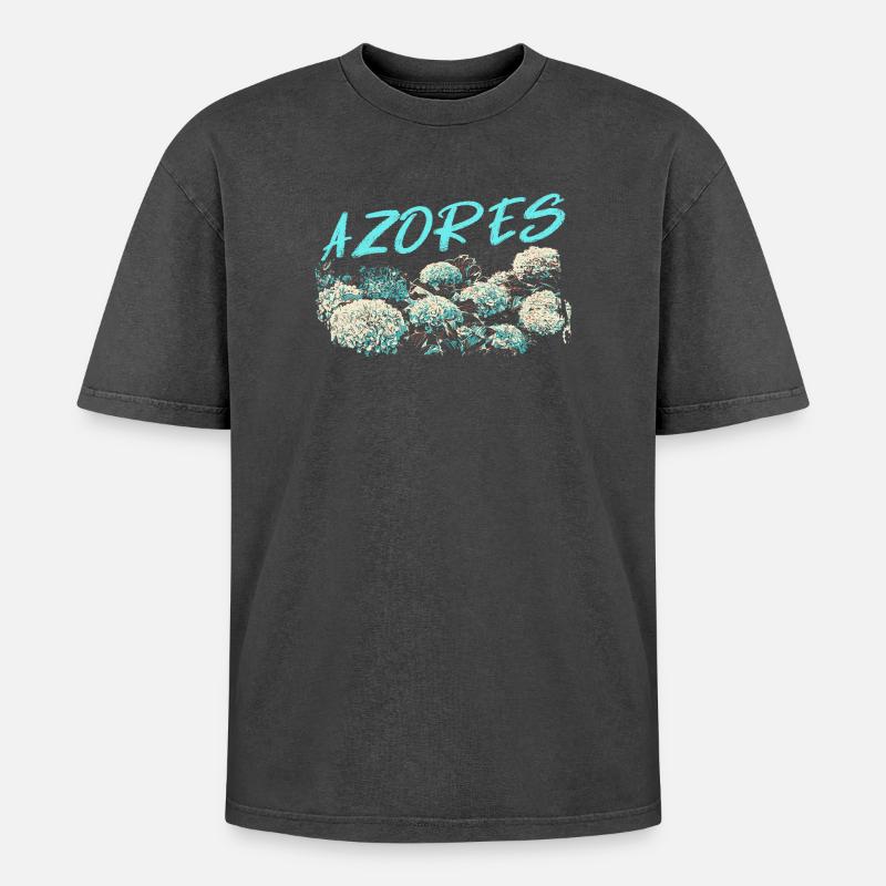 Azores Hydrangea, Blue Hydrangeas - Oversized Unisex Premium Acid-Washed T-Shirt - acid washed black