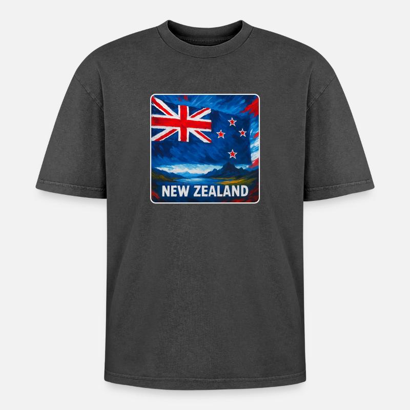 Neuseeland Flaggen Design - Oversized Unisex Premium Acid-Washed T-Shirt - Schwarz Acid Wash
