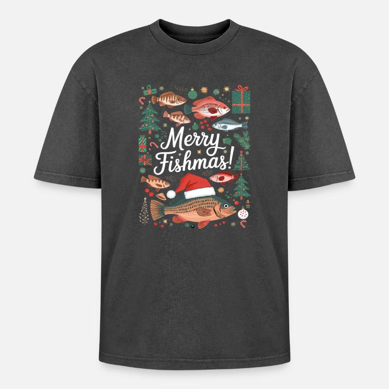 Angler Weihnachtspullover Fisch Merry Fishmas - Oversized Unisex Premium Acid-Washed T-Shirt - Schwarz Acid Wash
