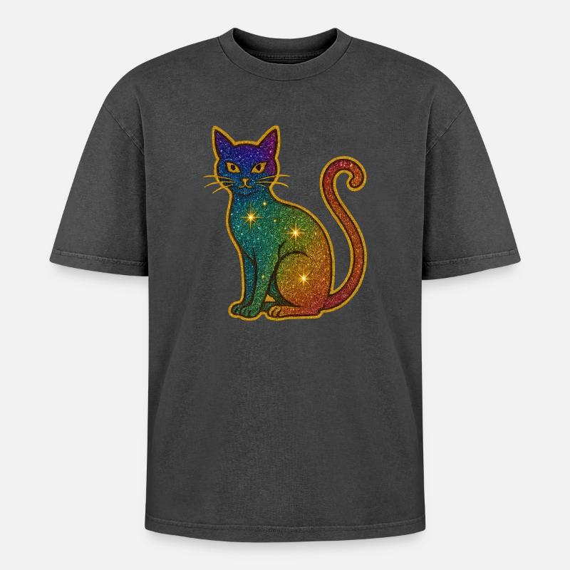 Regenbogen Glitzer Katze zu Halloween - Oversized Unisex Premium Acid-Washed T-Shirt - Schwarz Acid Wash