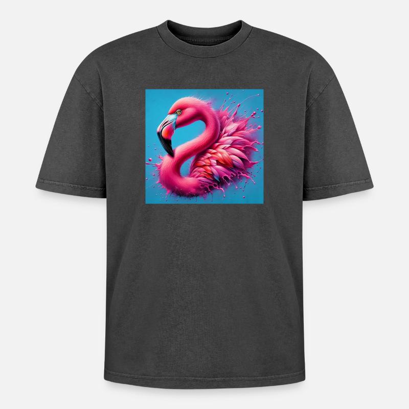 Flamingo - Oversized Unisex Premium Acid-Washed T-Shirt - Schwarz Acid Wash