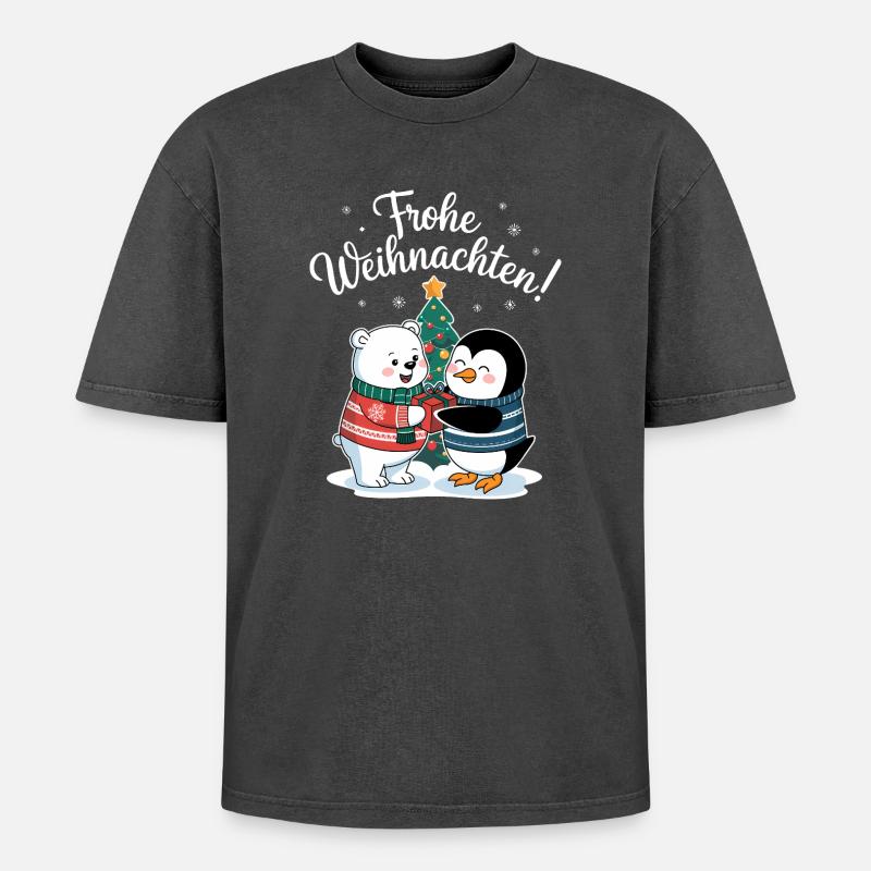 Eisbär Pinguin Weihnachtspullover süß Weihnachten - Oversized Unisex Premium Acid-Washed T-Shirt - Schwarz Acid Wash
