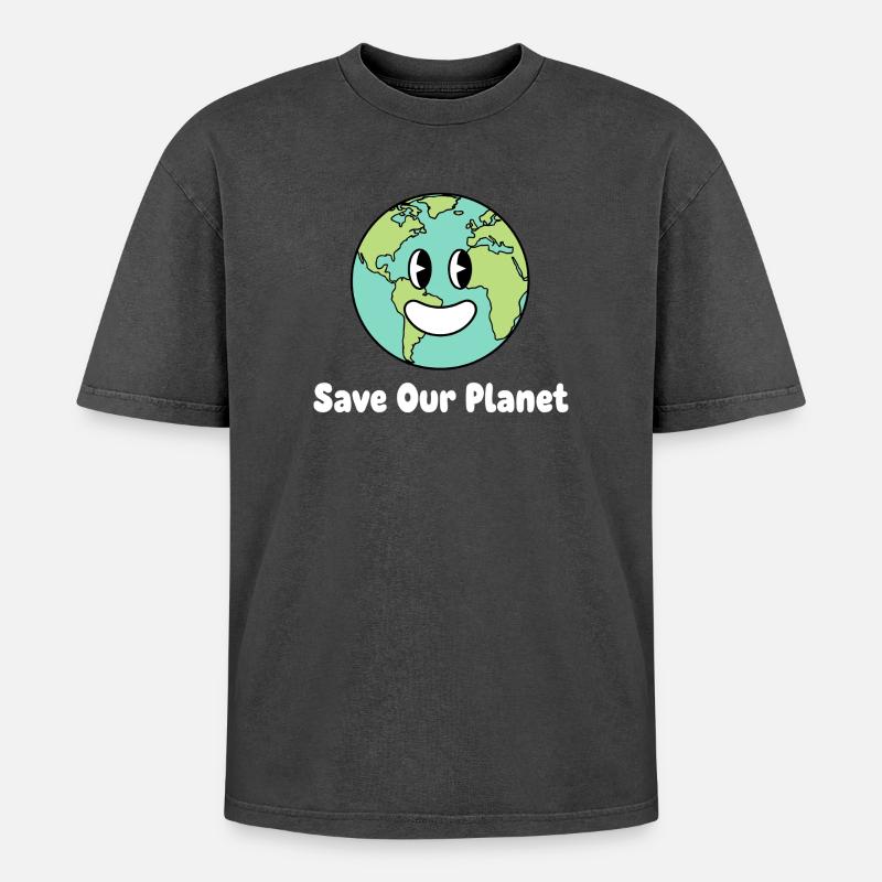 Lächelnde Erde Save Our Planet - Oversized Unisex Premium Acid-Washed T-Shirt - Schwarz Acid Wash