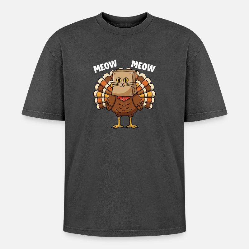Turkey Cat Thanksgiving Fall Harvest - Oversized Unisex Premium Acid-Washed T-Shirt - acid washed black