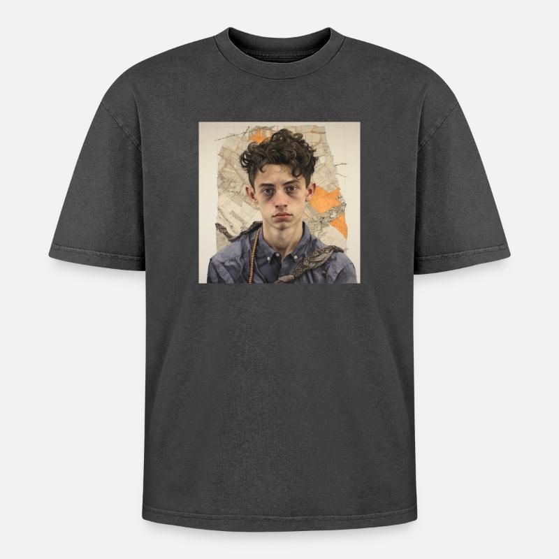 Zerzaustes Haarporträt im Patchwork - Oversized Unisex Premium Acid-Washed T-Shirt - Schwarz Acid Wash