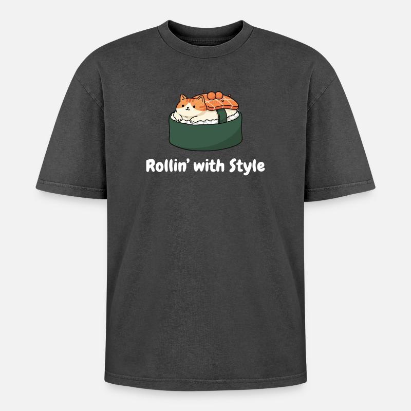 Sushi Katze Roll Stil - Oversized Unisex Premium Acid-Washed T-Shirt - Schwarz Acid Wash
