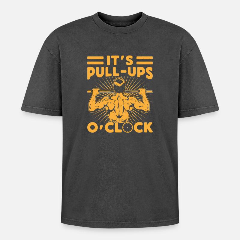 Fitness Fanatics It´s Pull-Ups O´Clock - Oversized Unisex Premium Acid-Washed T-Shirt - Schwarz Acid Wash