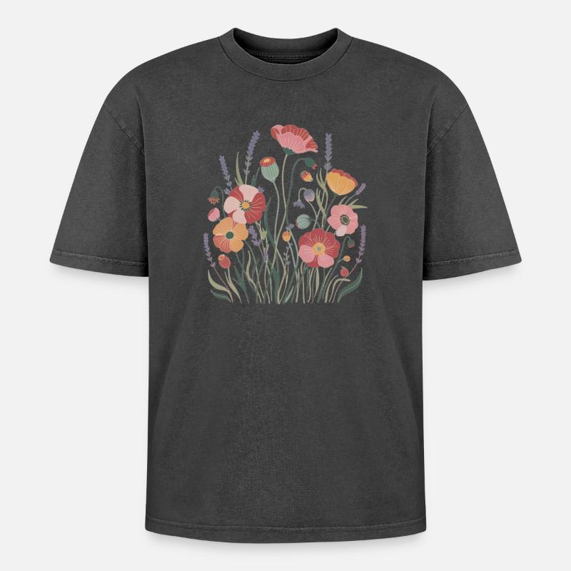 Boho Wildblumen – Blühende Harmonie - Oversized Unisex Premium Acid-Washed T-Shirt - Schwarz Acid Wash