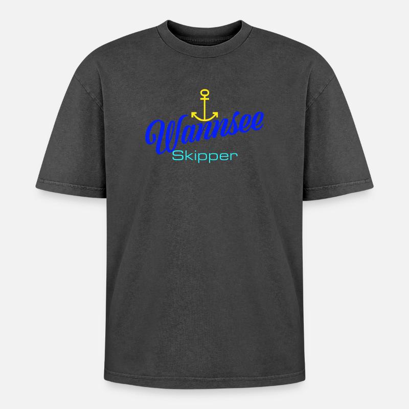 Berlin: Wannsee-Skipper mit Anker - Oversized Unisex Premium Acid-Washed T-Shirt - Schwarz Acid Wash