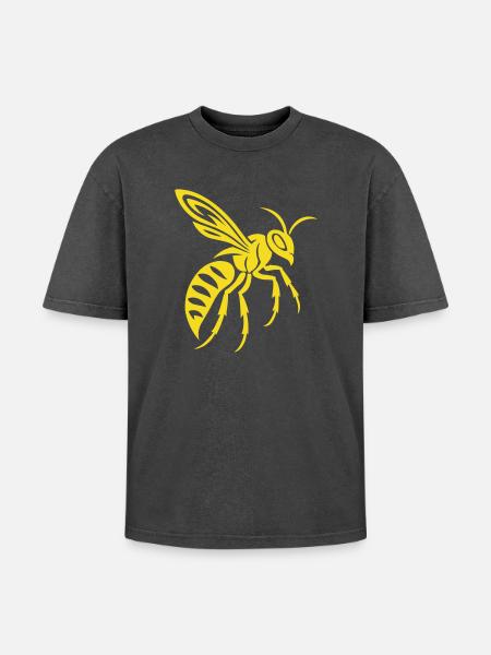 Yellow wasp silhouette on black - Oversized Unisex Premium Acid-Washed T-Shirt - acid washed black