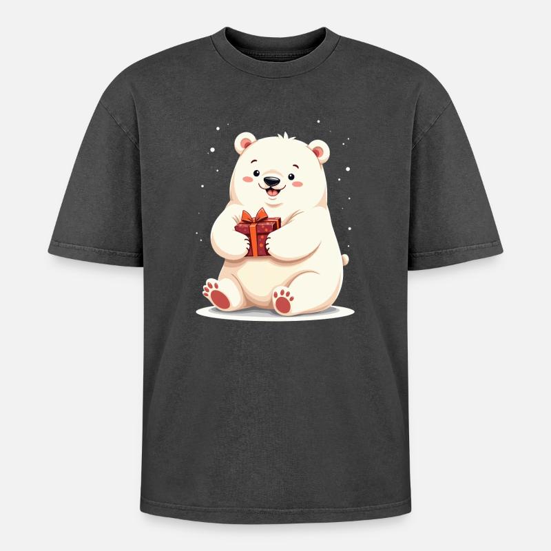 Niedlicher Eisbär mit Geschenkillustration - Oversized Unisex Premium Acid-Washed T-Shirt - Schwarz Acid Wash