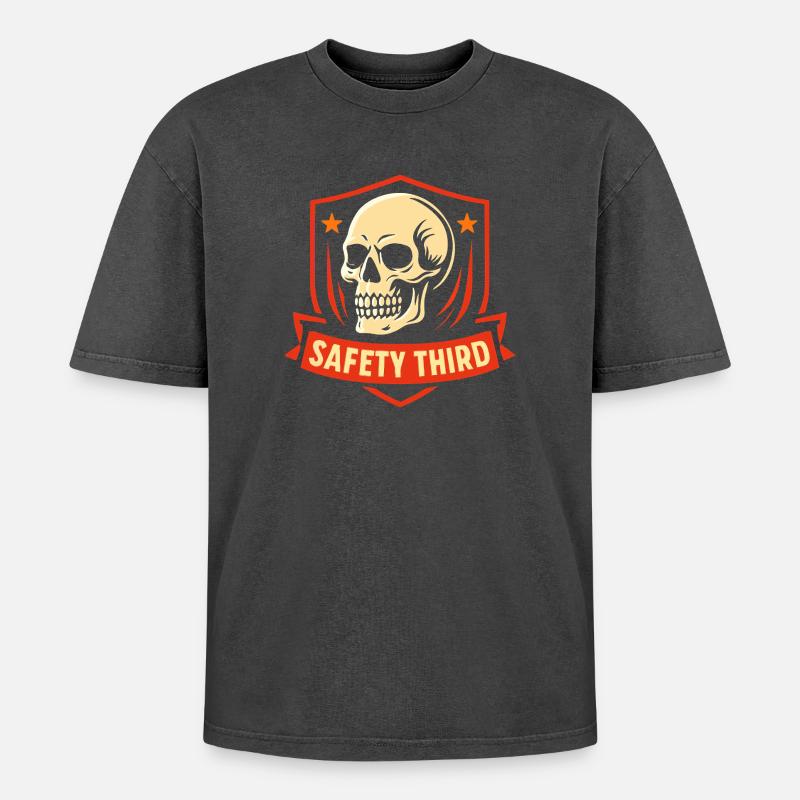 Sicherheit Dritte Abzeichen Schädel Safety Third - Oversized Unisex Premium Acid-Washed T-Shirt - Schwarz Acid Wash