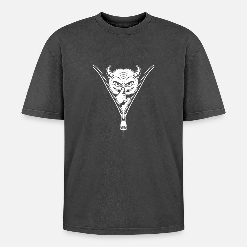 Naughty devil hidden behind zipper - Oversized Unisex Premium Acid-Washed T-Shirt - acid washed black
