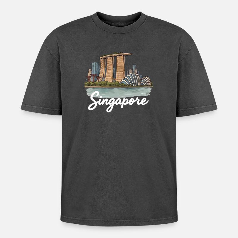 Singapur - Oversized Unisex Premium Acid-Washed T-Shirt - Schwarz Acid Wash