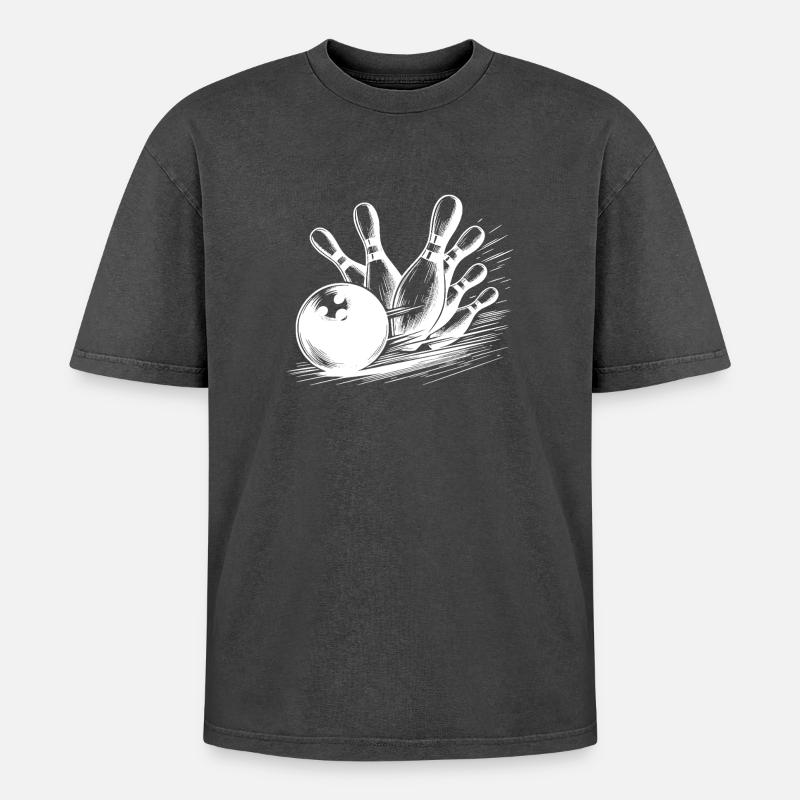 Dynamischer Bowlingkugel Wurf auf Pins - Oversized Unisex Premium Acid-Washed T-Shirt - Schwarz Acid Wash