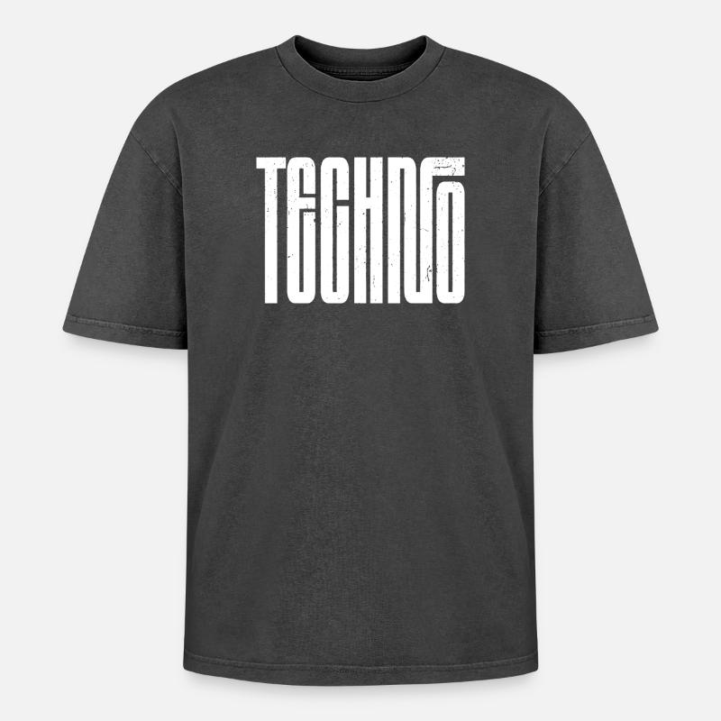 Techno Bold Retro Typografie - Oversized Unisex Premium Acid-Washed T-Shirt - Schwarz Acid Wash