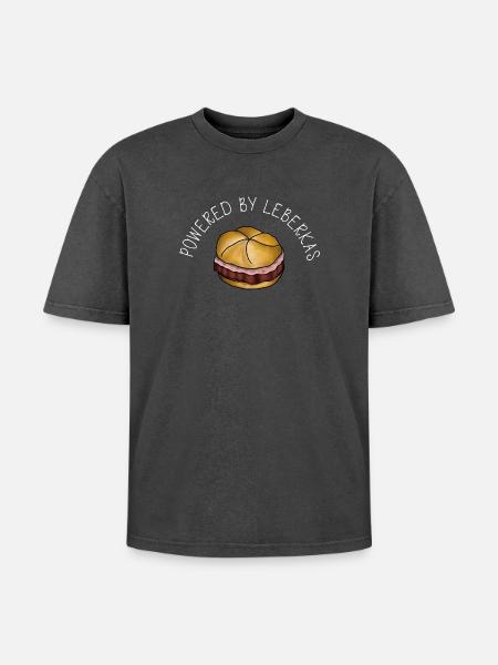 Powered by Leberkas – Leberkäse Spruch - Oversized Unisex Premium Acid-Washed T-Shirt - acid washed black