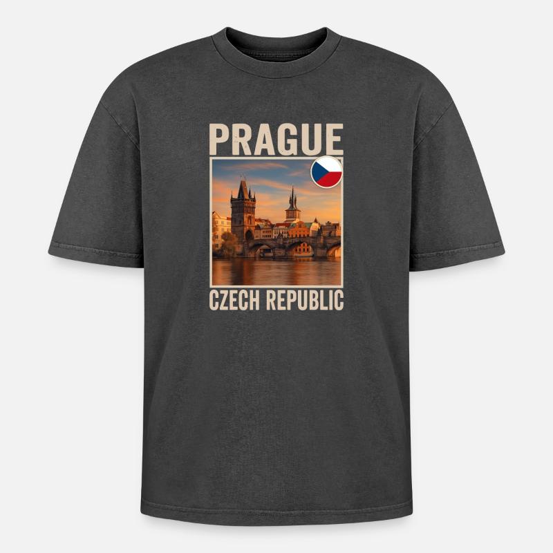 Prag - Oversized Unisex Premium Acid-Washed T-Shirt - Schwarz Acid Wash