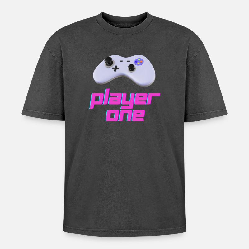 Neon Retro Controller Spieler Eins - Oversized Unisex Premium Acid-Washed T-Shirt - Schwarz Acid Wash