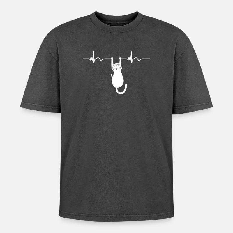 Katze EKG Herzfrequenz Herzschlag - Oversized Unisex Premium Acid-Washed T-Shirt - Schwarz Acid Wash