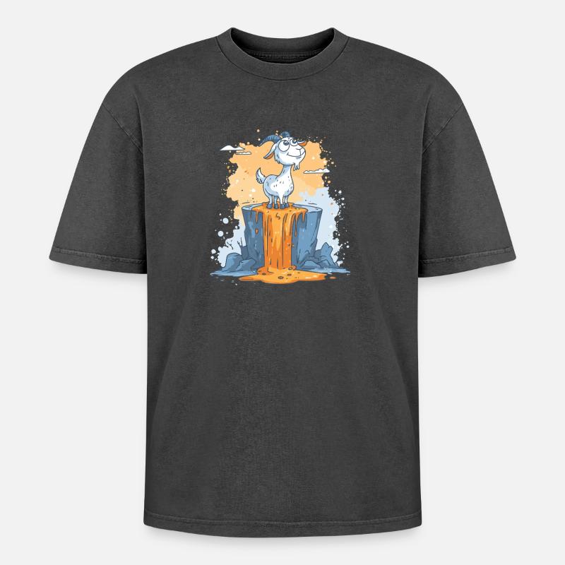 Lava Ziege auf Vulkanfelsen - Oversized Unisex Premium Acid-Washed T-Shirt - Schwarz Acid Wash