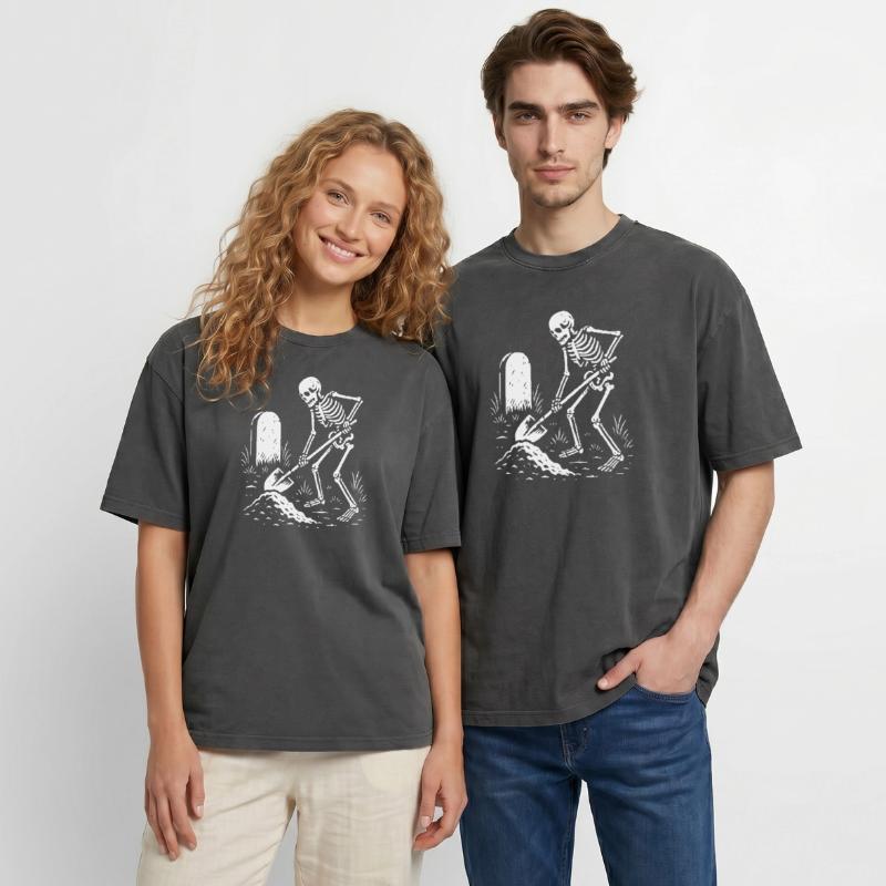 Skeleton Digging in Graveyard Oversized Unisex Premium Acid-Washed T-Shirt
