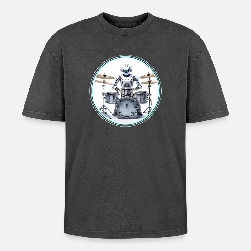 Drum Machine Roboter - Oversized Unisex Premium Acid-Washed T-Shirt - Schwarz Acid Wash
