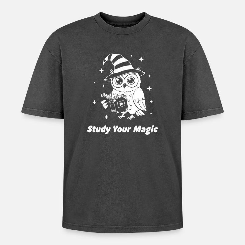 Magic owl learns magic - Oversized Unisex Premium Acid-Washed T-Shirt - acid washed black