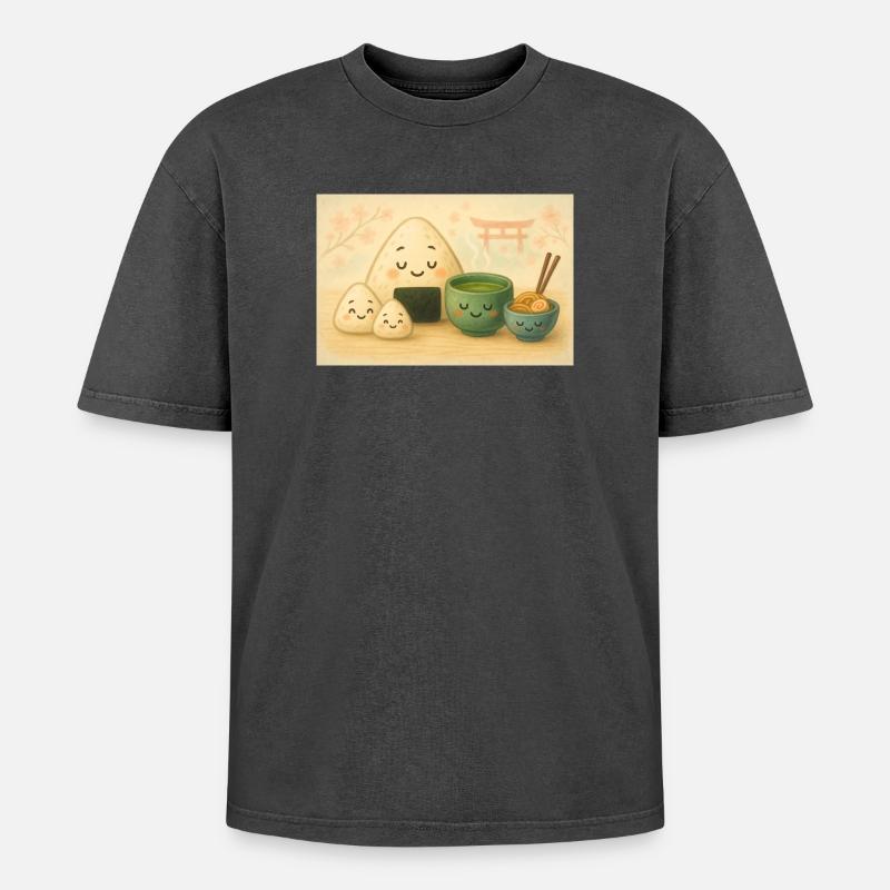 Kawaii Reisbällchen mit Tee Torii - Oversized Unisex Premium Acid-Washed T-Shirt - Schwarz Acid Wash