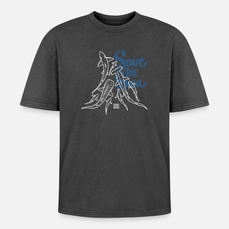 Save The Ocean Line Kunst - Oversized Unisex Premium Acid-Washed T-Shirt - Schwarz Acid Wash