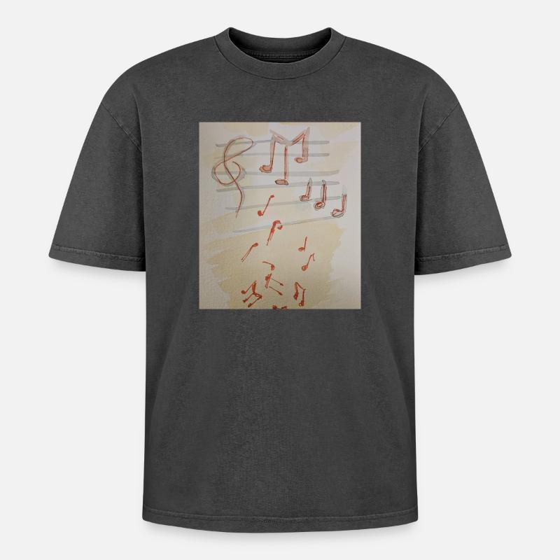 Rote Notenimpression - Oversized Unisex Premium Acid-Washed T-Shirt - Schwarz Acid Wash