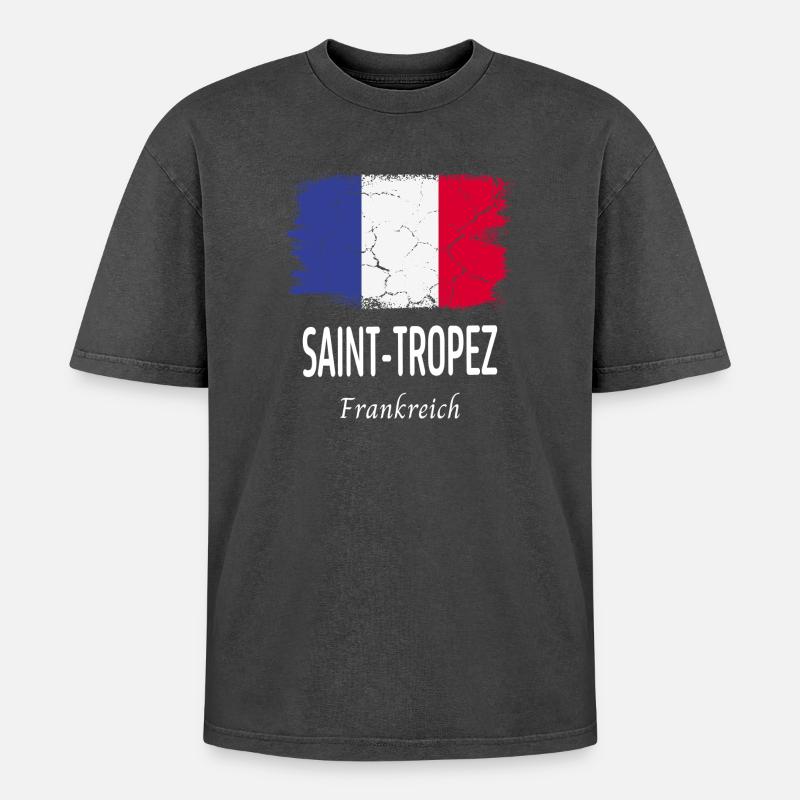 Saint-Tropez - Oversized Unisex Premium Acid-Washed T-Shirt - Schwarz Acid Wash