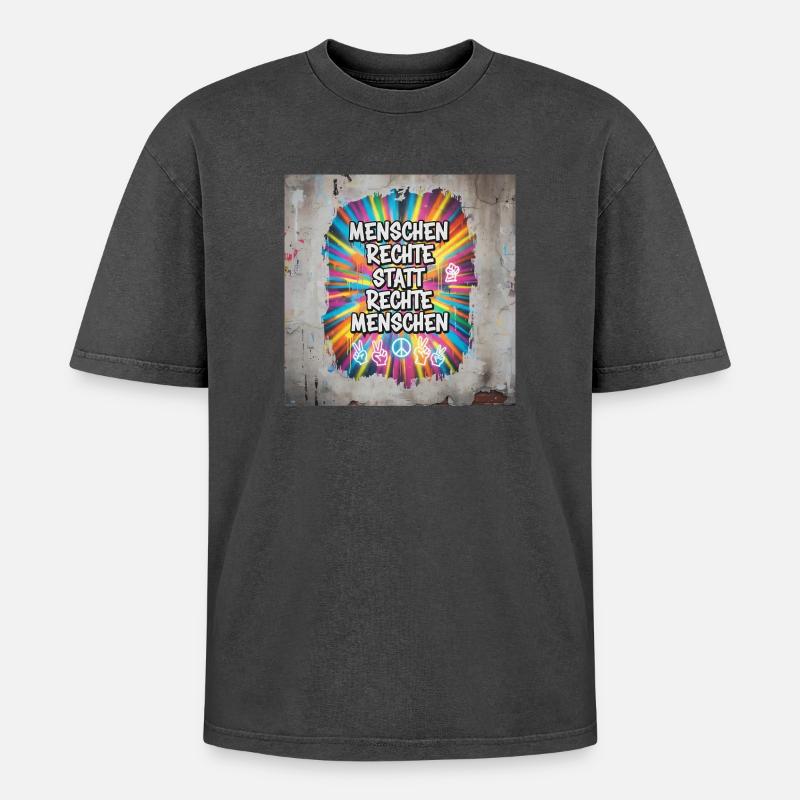 Menschenrechte statt rechte Menschen Statement - Oversized Unisex Premium Acid-Washed T-Shirt - Schwarz Acid Wash