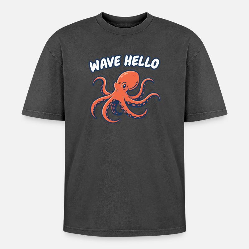 Wave Hello Squid - Oversized Unisex Premium Acid-Washed T-Shirt - acid washed black