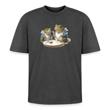 Frog Dinner: Fly on a Plate - Oversized Unisex Premium Acid-Washed T-Shirt - acid washed black - Front - AI Model Female 172 light (172cm) & AI Model Male 185 light (185cm)