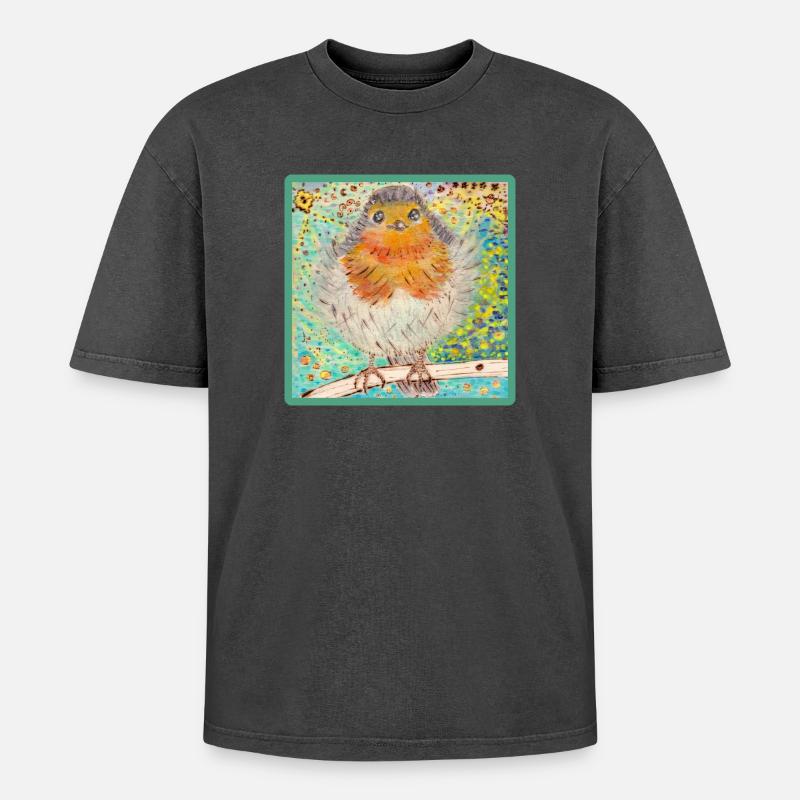 Rotkehlchen /Robin - Oversized Unisex Premium Acid-Washed T-Shirt - Schwarz Acid Wash