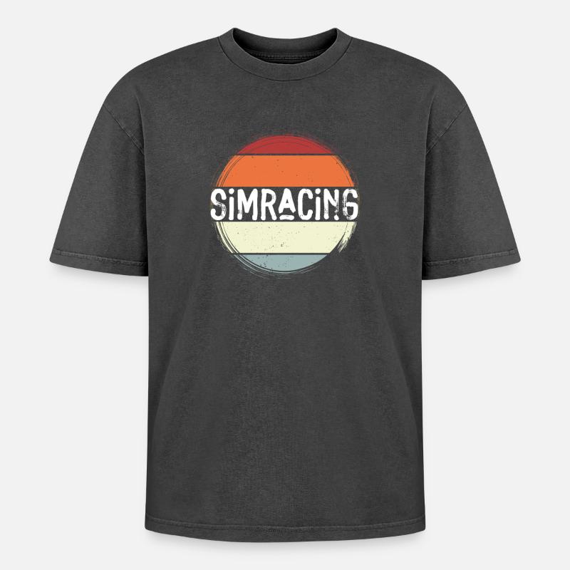 SimRacing Retro Circle Emblem - Oversized Unisex Premium Acid-Washed T-Shirt - Schwarz Acid Wash