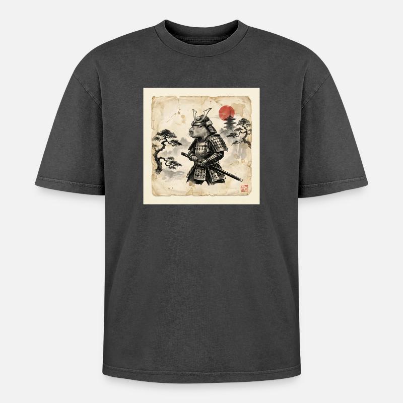 Capybara Samurai Japanischer Krieger - Oversized Unisex Premium Acid-Washed T-Shirt - Schwarz Acid Wash