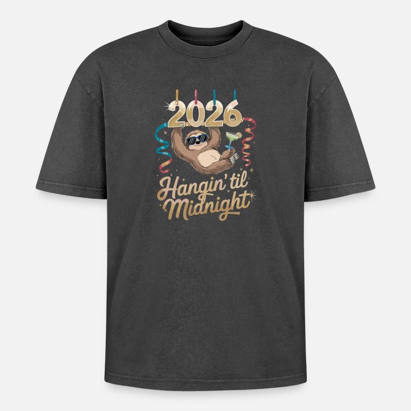  Faultier 2026 Hangin Til Midnight Silvester - Oversized Unisex Premium Acid-Washed T-Shirt - Schwarz Acid Wash