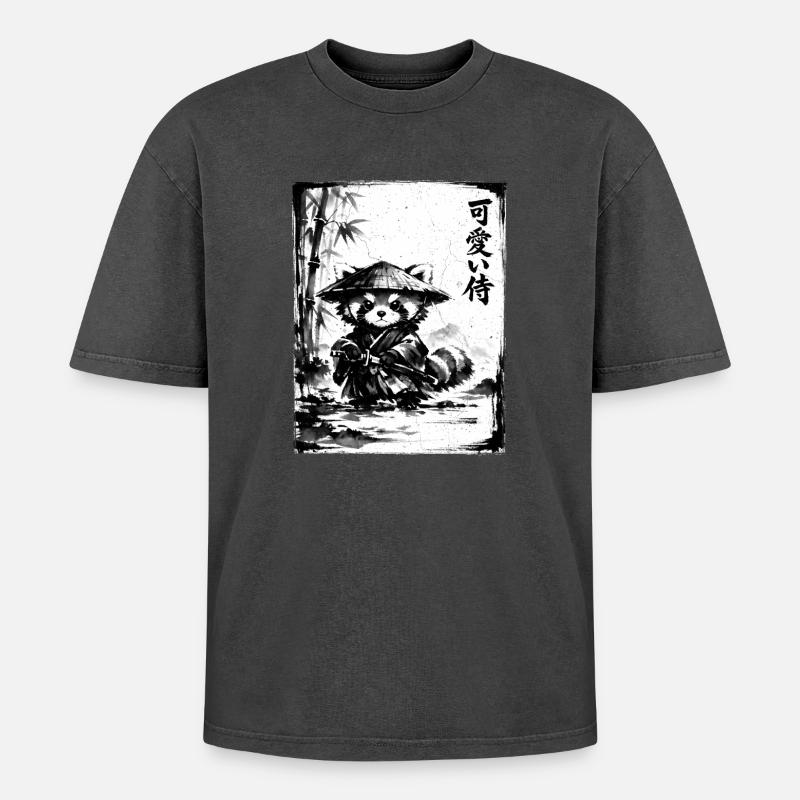 Samurai Roter Panda Sumi-e Tuschezeichnung - Oversized Unisex Premium Acid-Washed T-Shirt - Schwarz Acid Wash